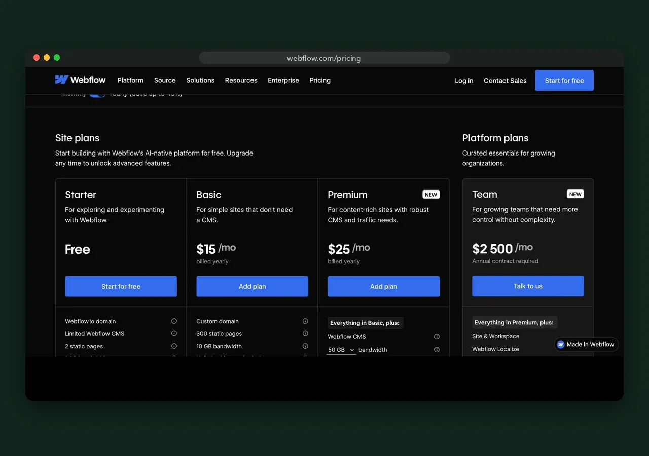 Webflow pricing page screenshot, October 2026