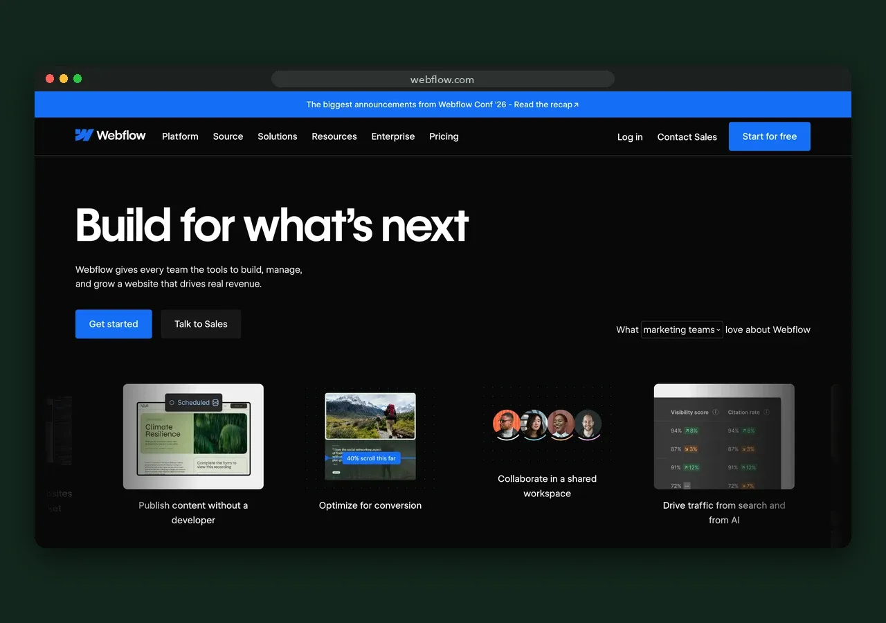 Webflow homepage screenshot, October 2026
