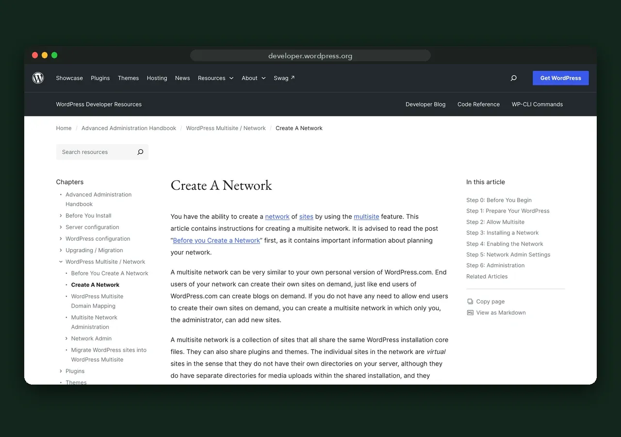 WordPress Multisite documentation screenshot, October 2026