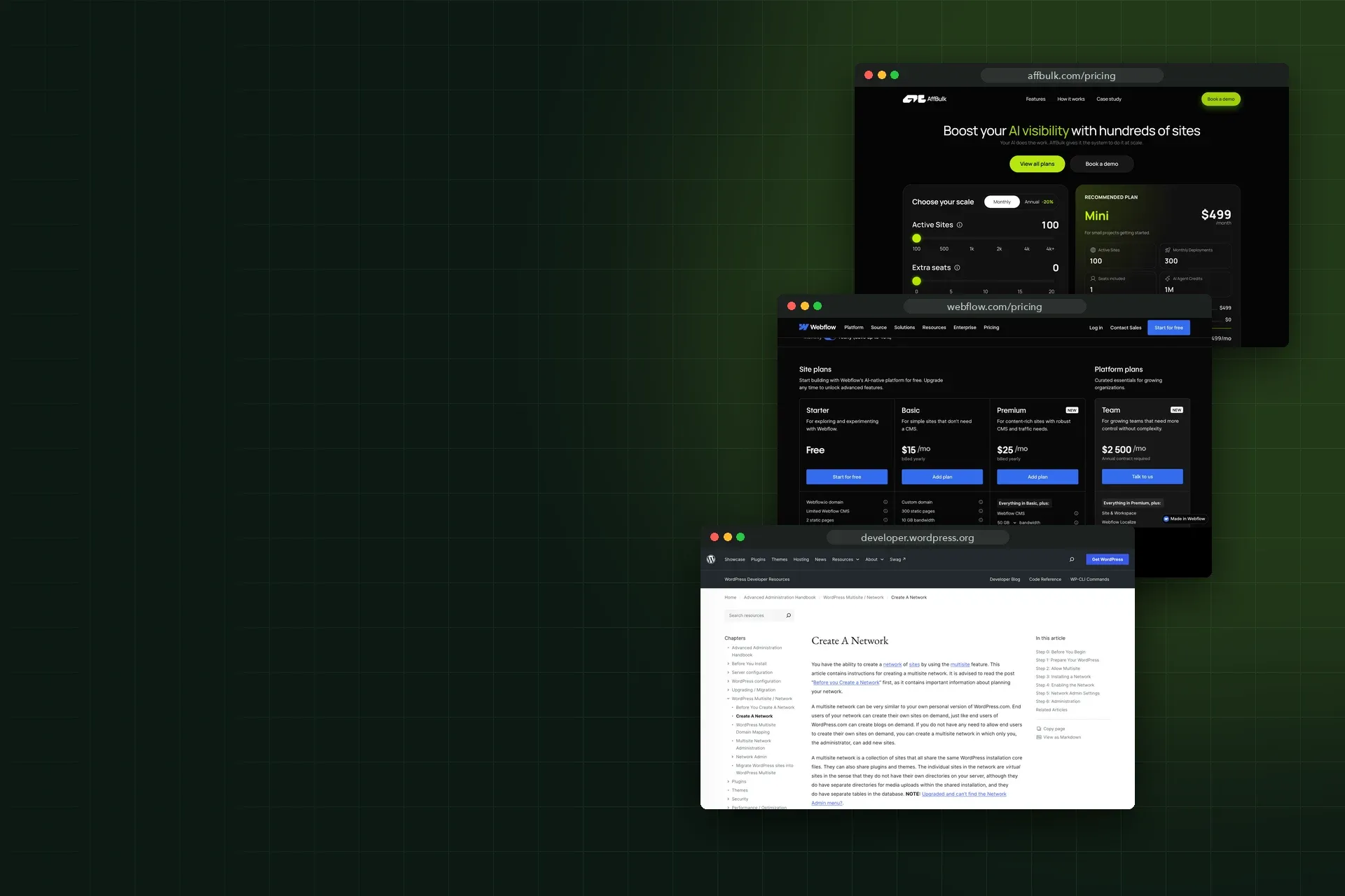 Screenshots of the AffBulk and Webflow pricing pages and the WordPress Multisite docs used as sources