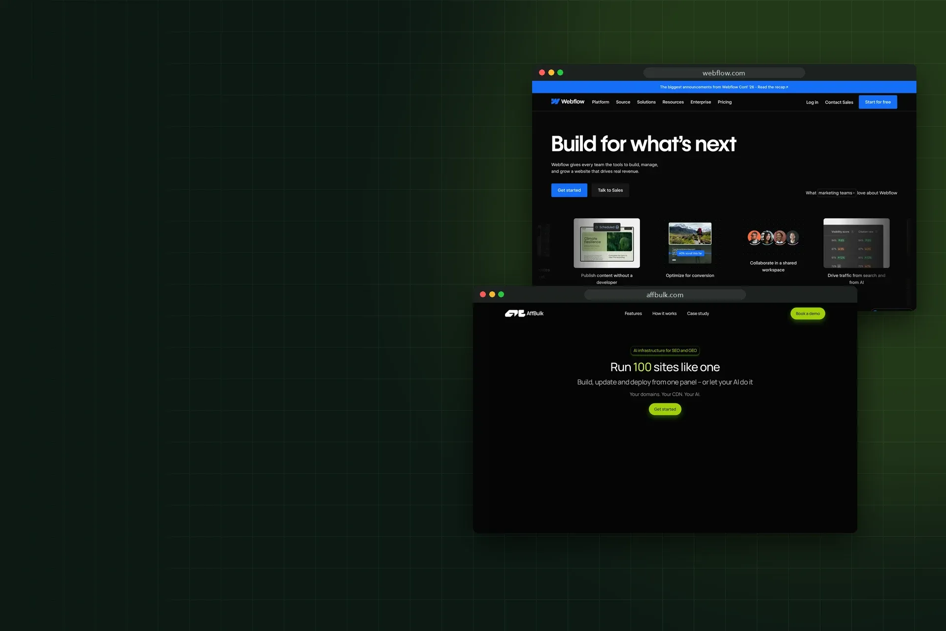 Screenshots of the Webflow and AffBulk homepages, October 2026
