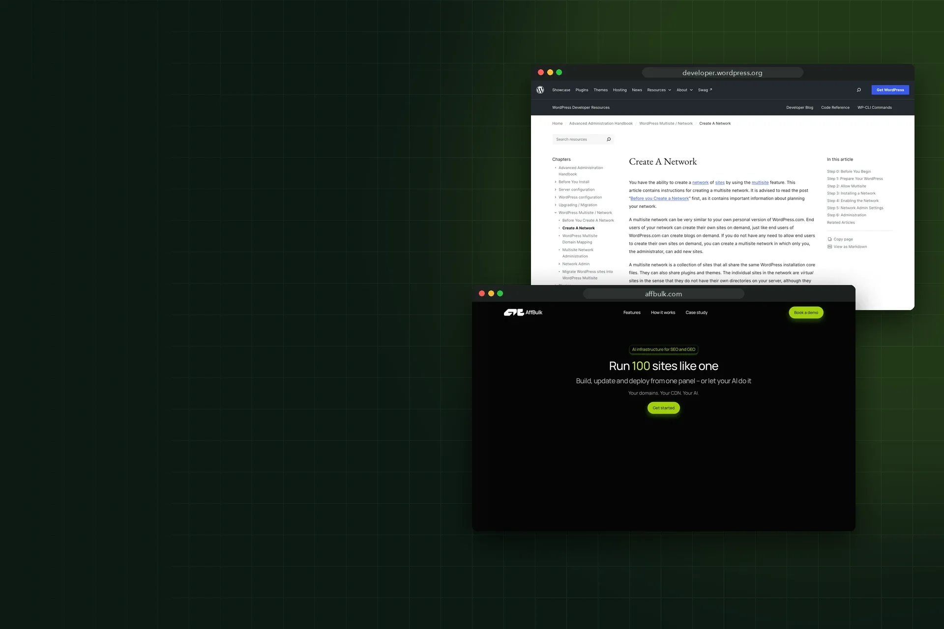 Screenshots of the WordPress Multisite documentation and the AffBulk homepage, October 2026