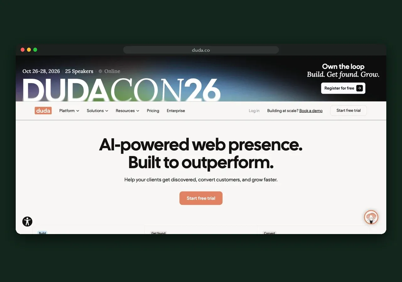 Duda homepage screenshot, October 2026