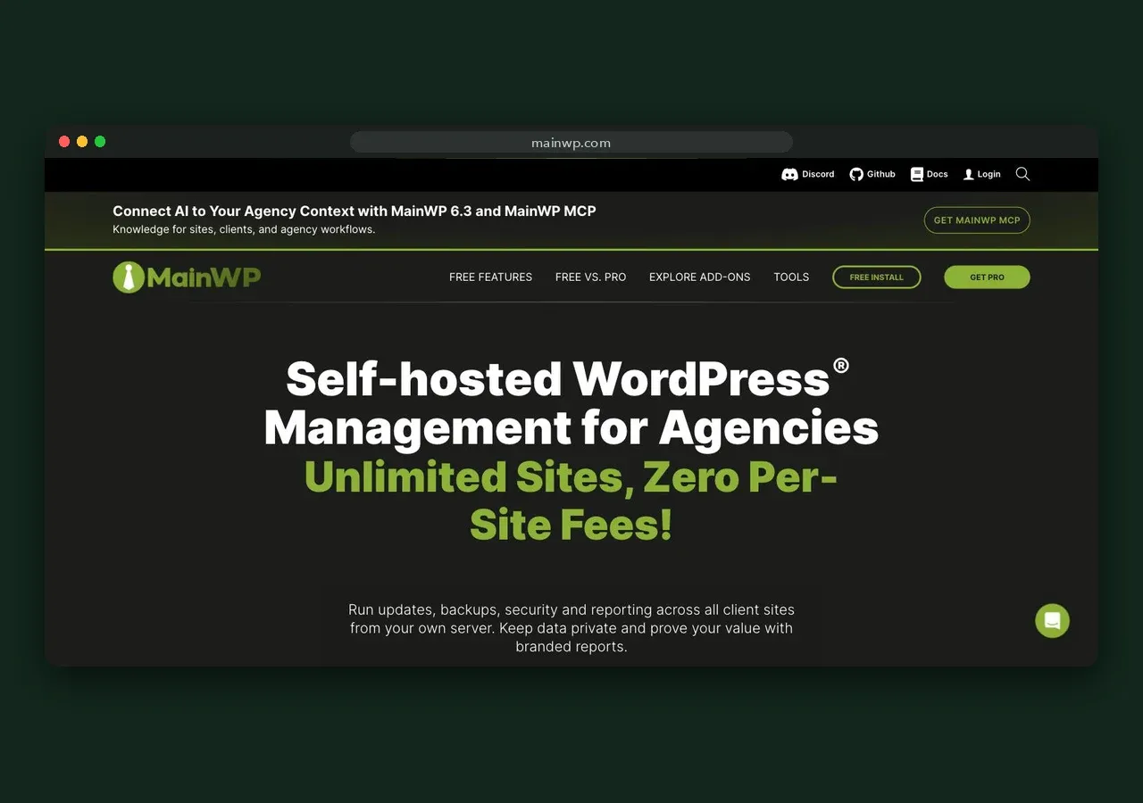 MainWP homepage screenshot, October 2026