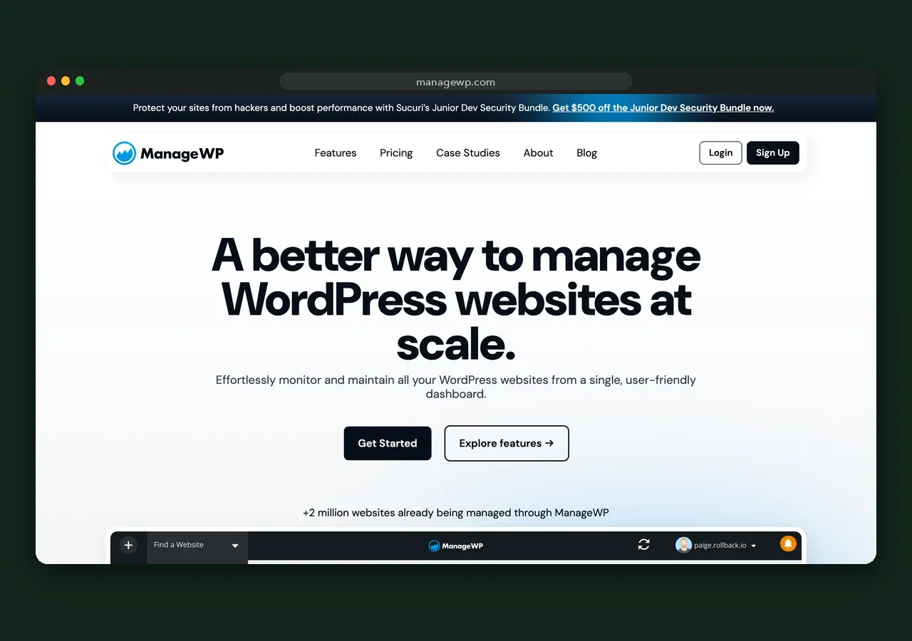 ManageWP homepage screenshot, October 2026