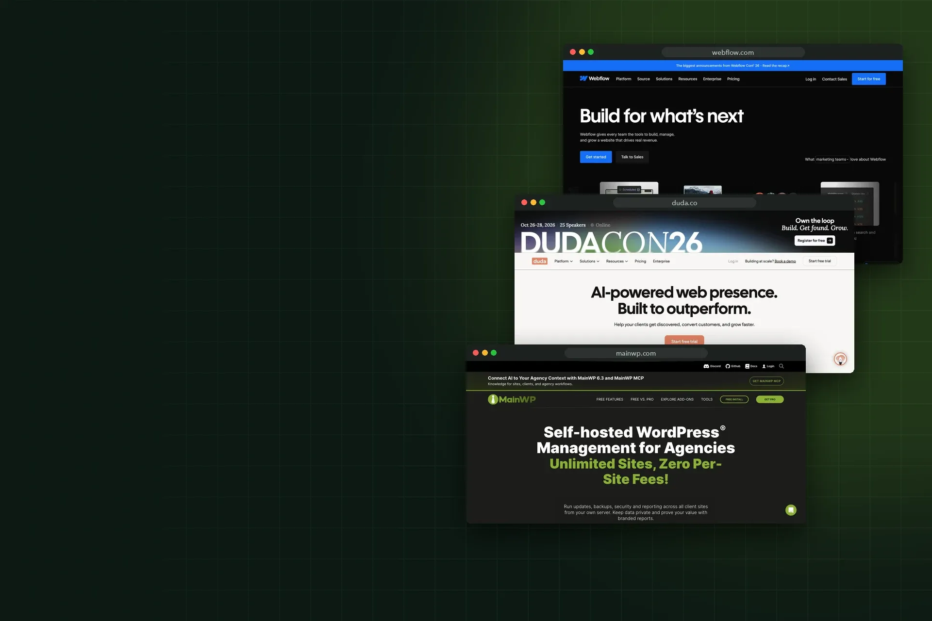 Screenshots of the Webflow, Duda and MainWP homepages, October 2026