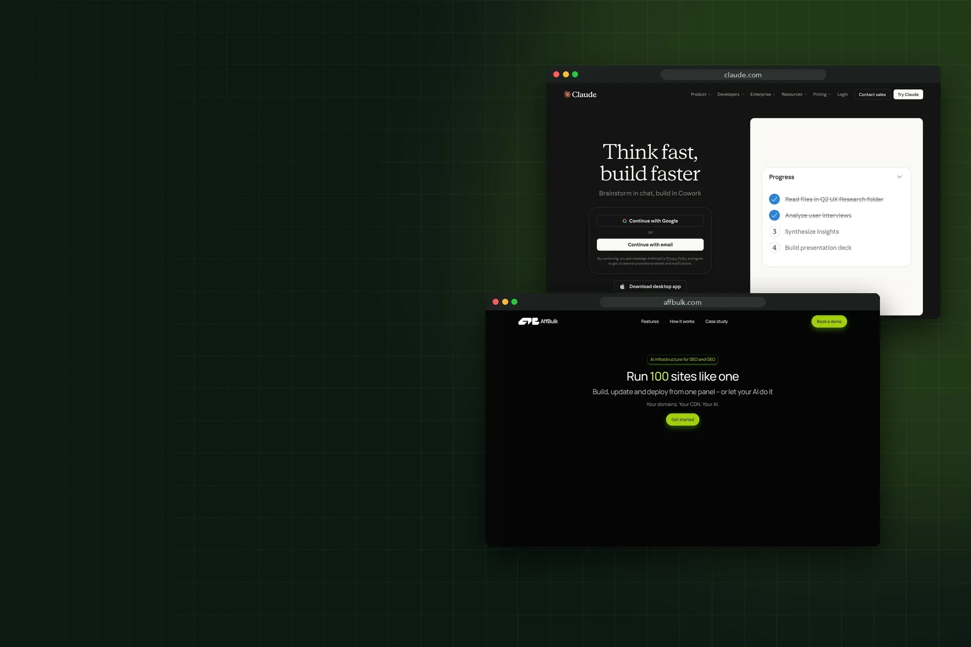 Screenshots of the Claude and AffBulk homepages, October 2026