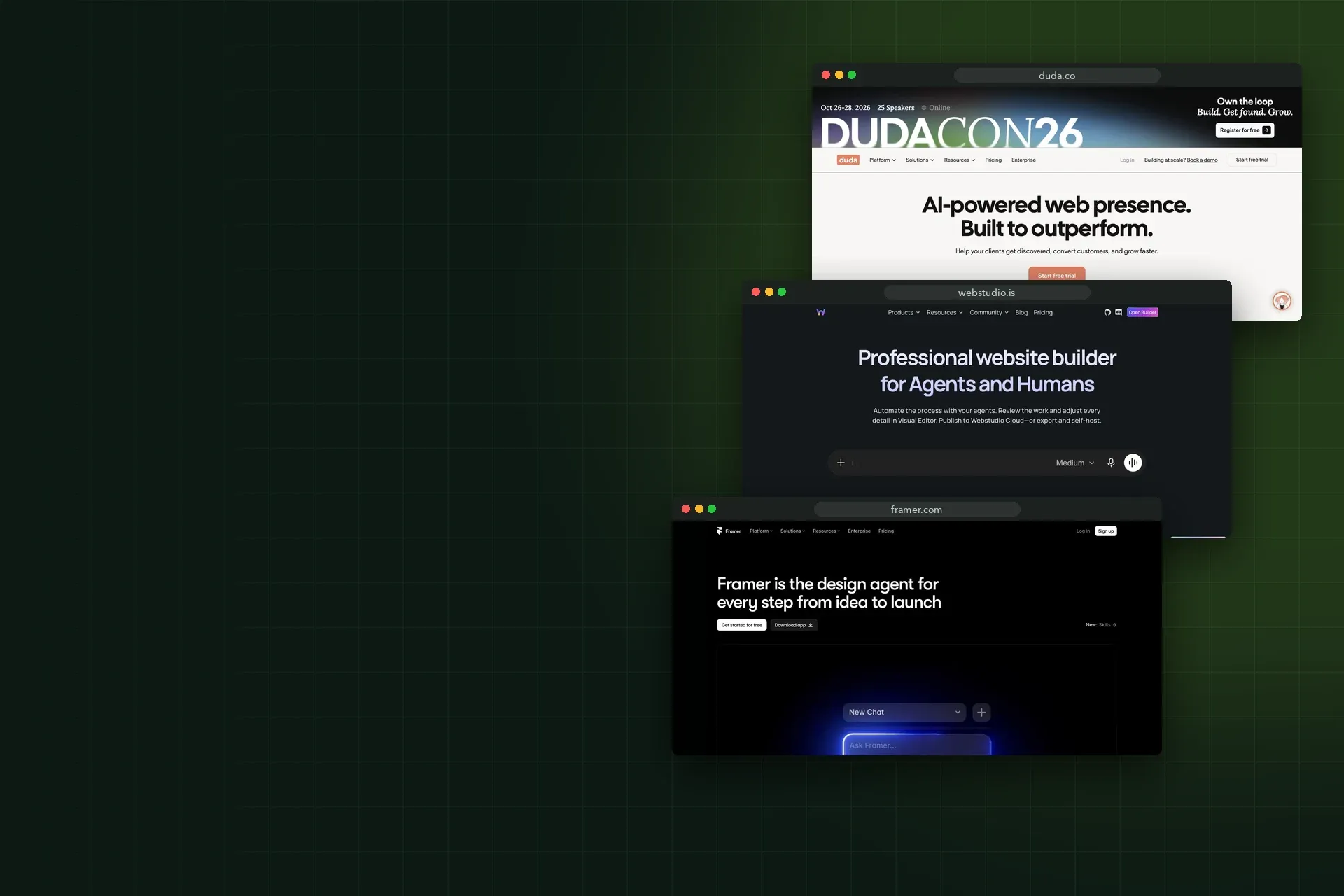 Screenshots of the Duda, Webstudio and Framer homepages, October 2026