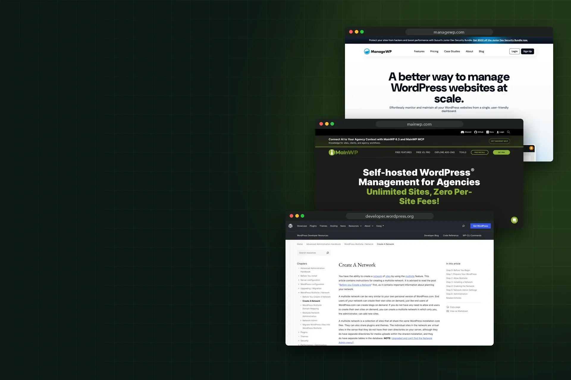 Screenshots of ManageWP, MainWP and the WordPress Multisite documentation, October 2026